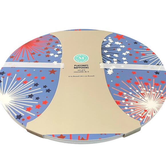 6 pc MARTHA STEWART Patriotic Red White Blue Fireworks 15" Round Placemats NEW - Picture 2 of 5